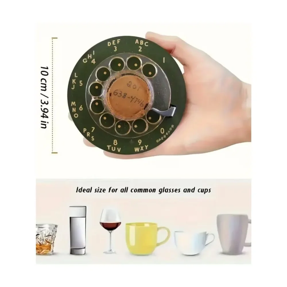 NWT Vintage Rotary Phone Dial 4-Inch Round MDF Wooden Coasters Set of 6